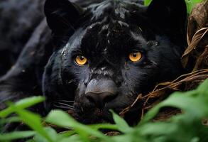 ai gegenereerd zwart panter ontspannende in gras, majestueus groot katten afbeelding foto
