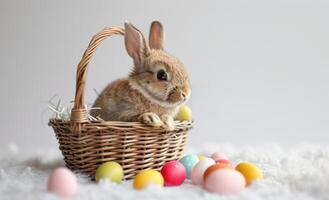 ai gegenereerd schattig konijn zittend in mand met kleurrijk eieren vieren Pasen blij, Pasen konijn concept foto