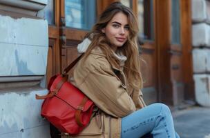 ai gegenereerd jong vrouw zit Aan straat met rood tas, mode en stijl beeld foto