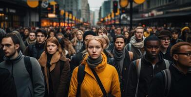 ai gegenereerd groot menigte van mensen verzameld in stad centrum, forens levensstijl foto