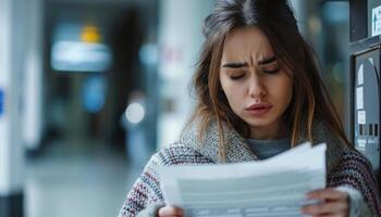 ai gegenereerd van streek vrouw door post doos teleurgesteld met slecht nieuws en rekeningen van een brief, schuld aanvaarding concept foto