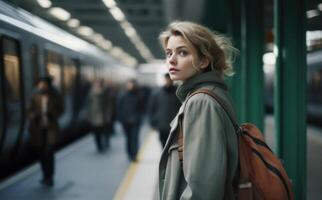 ai gegenereerd vrouw wacht buiten metro station voor een trein, openbaar vervoer stad afbeelding foto