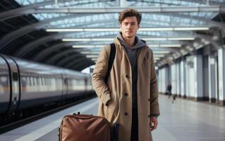 ai gegenereerd een jong Mens staat Bij een trein station met zijn koffer, openbaar vervoer stad afbeelding foto