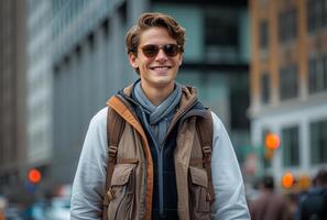 ai gegenereerd jong Mens gelukkig wandelingen door stad straten met een rugzak en zonnebril, mode foto