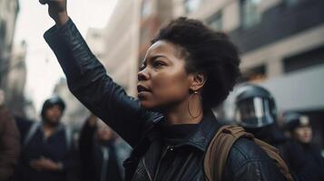ai gegenereerd jong Afrikaanse Amerikaans vrouw verhogen vuist in protest gebaar tegen wazig menigte achtergrond foto