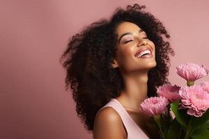 ai gegenereerd charmant gebruind gekruld brunette lachend genieten van roze gerbera bloemen Aan een pastel roze achtergrond foto