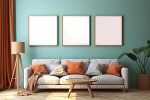 ai gegenereerd kamer interieur in pastel kleuren met sofa met kussens, lamp, fabriek en tafel en drie mockup blanco afbeeldingen Aan een muur foto