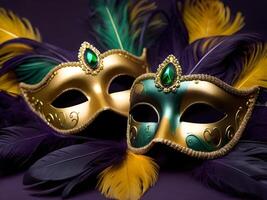 ai gegenereerd twee mardi gras maskers met veren Aan een Purper achtergrond foto