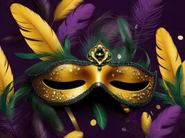 ai gegenereerd mardi gras masker met veren en goud accent foto