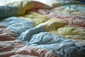 ai gegenereerd kleurrijk pastel gekleurde gewatteerd deken Aan een bed. generatief ai foto