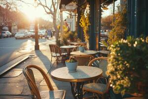 ai gegenereerd buitenshuis leeg restaurant terras met tafels en stoelen. cafe met tafels buiten. generatief ai foto