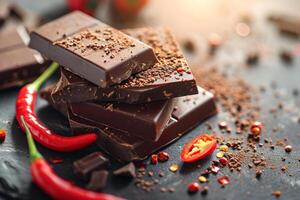 ai gegenereerd stukken van chocola met rood chili peper. brokken van gebroken donker chocola bar. generatief ai foto