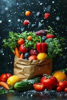 ai gegenereerd een kraft zak met groenten en fruit Aan een zwart achtergrond. voedsel levering foto