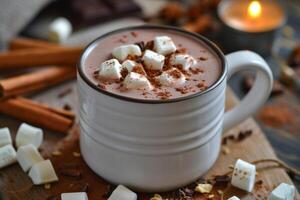 ai gegenereerd heerlijk natuurlijk cacao drinken met chocola in een mok Aan de tafel. een bron van vitamines en energie foto