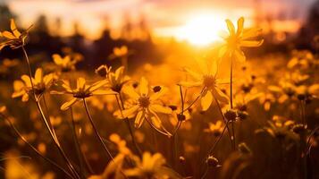 ai gegenereerd levendig geel wilde bloemen in weide verlicht door zonsondergang zon foto
