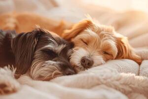 ai gegenereerd twee honden knuffelen samen. twee aanbiddelijk puppy's slapen samen dichtbij omhoog. generatief ai foto