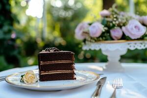 ai gegenereerd plak van chocola taart geserveerd Aan een elegant avondeten tafel. generatief ai foto