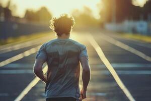 ai gegenereerd terug visie van Mens loopt Aan een spoor. jogging concept Bij buitenshuis. generatief ai foto