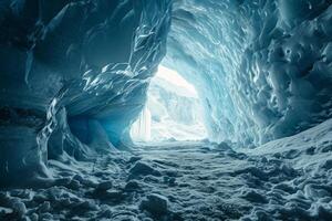 ai gegenereerd blauw kristal ijs grot Ingang en een ondergronds rivier- onder de gletsjer. generatief ai foto