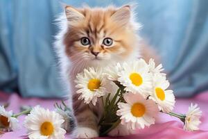 ai gegenereerd schattig kat met een boeket van bloemen. generatief ai foto