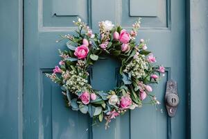 ai gegenereerd voorjaar bloem krans hangende Aan een huis houten deur. vers wild bloemen en huis decoratie. generatief ai foto