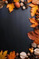 ai gegenereerd houten achtergrond met herfst elementen met leeg ruimte foto