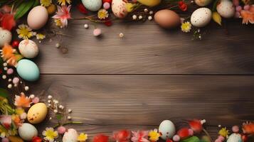 ai gegenereerd sfondo colorato di Pasqua con uova e spazio vuoto foto