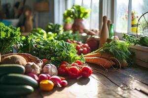 ai gegenereerd biologisch voedsel achtergrond. vers boeren markt produceren Aan een keuken tafel. generatief ai foto