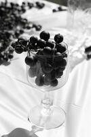 ik liefde de kijken van deze verdrag druiven allemaal in de omgeving van en sommige zittend in de wijn glas. de diep Purper kleur van deze bollen allemaal in de omgeving van. de glas herinnert aan u van nippen sommige vers wijn. foto