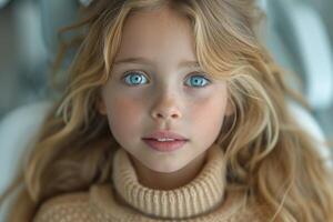 ai gegenereerd een detailopname portret van een weinig meisje .zij is een mooi, zoet, aantrekkelijk, nieuwsgierig, creatief, vrolijk meisje foto