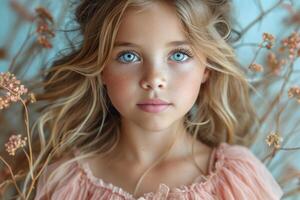 ai gegenereerd een detailopname portret van een weinig meisje .zij is een mooi, zoet, aantrekkelijk, nieuwsgierig, creatief, vrolijk meisje foto