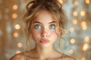 ai gegenereerd detailopname portret van een jong meisje. ze is een mooi, zoet, aantrekkelijk, nieuwsgierig, creatief, vrolijk meisje foto