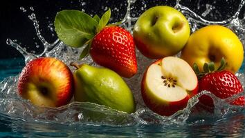 ai gegenereerd vers rijp fruit en aardbei, water druppels, plons foto