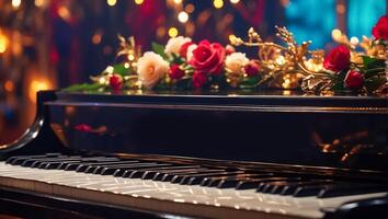 ai gegenereerd zwart piano, bloemen detailopname foto
