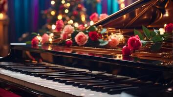 ai gegenereerd zwart piano, bloemen detailopname foto