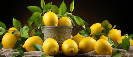 ai gegenereerd helder geel citroenen in een kom Aan een rustiek tafel. foto