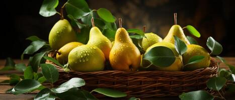 ai gegenereerd vers geel peren in een rieten mand Aan een rustiek houten tafel. foto