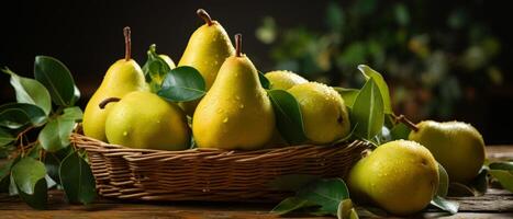 ai gegenereerd vers geel peren in een rieten mand Aan een rustiek houten tafel. foto