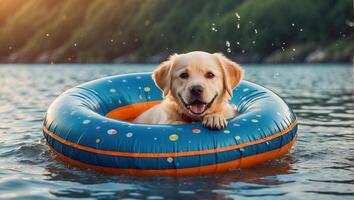 ai gegenereerd schattig hond in een zwemmen cirkel Bij zee foto