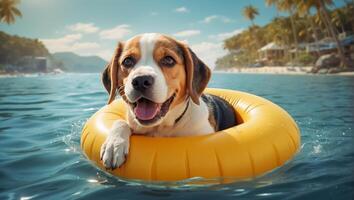 ai gegenereerd schattig hond in een zwemmen cirkel Bij zee foto