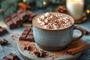 ai gegenereerd heerlijk natuurlijk cacao drinken met chocola in een mok Aan de tafel. een bron van vitamines en energie foto