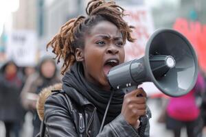 ai gegenereerd een Afro-Amerikaans meisje Aan een stad straat schreeuwt in een megafoon Bij een rally foto