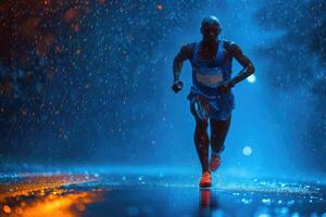 ai gegenereerd een Afro-Amerikaans rennen atleet loopt alleen in de regen Bij nacht. een actief levensstijl foto