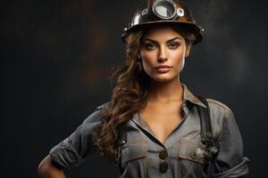 ai gegenereerd portret van een jong mijnwerker meisje Aan een donker achtergrond foto