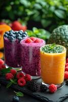 ai gegenereerd zomer kleurrijk fruit smoothies in bril Aan de tafel. bessen en fruit zijn aan het liegen dichtbij foto