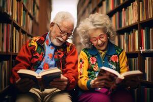 ai gegenereerd een gelukkig vrolijk ouderen Mens met een baard is op zoek voor informatie in boeken in de bibliotheek foto