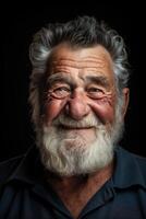 ai gegenereerd portret van een grappig oud Mens met een baard Aan een zwart achtergrond foto