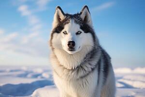 ai gegenereerd Siberisch schor hond Aan een besneeuwd winter achtergrond in de arctisch foto