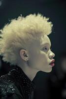 ai gegenereerd portret van een albino Afrikaanse meisje met wit haar- detailopname foto