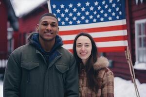 ai gegenereerd portret van een Mens en een vrouw patriotten van hun land tegen de achtergrond van een stad straat foto